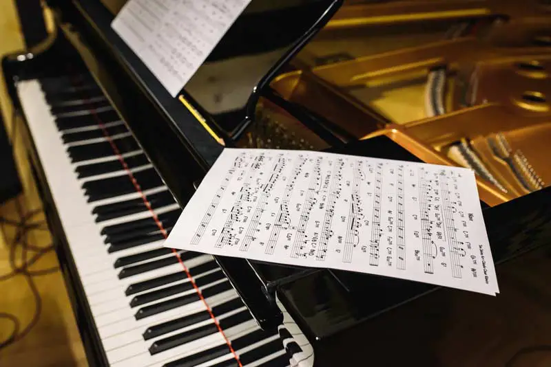 Piano keys with sheet music